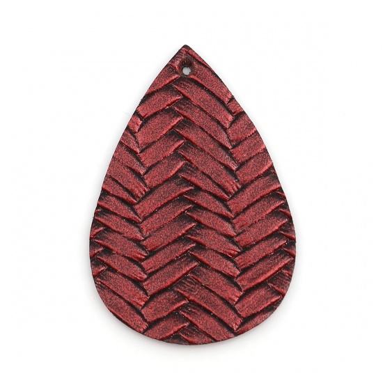 Picture of PU Leather Pendants Drop Wine Red Braided Pattern 56mm(2 2/8") x 38mm(1 4/8"), 10 PCs
