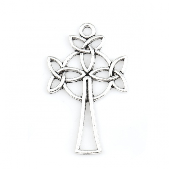 Picture of Zinc Based Alloy Celtic Knot Pendants Cross Antique Silver Color Flower Leaves 39mm(1 4/8") x 24mm(1"), 20 PCs