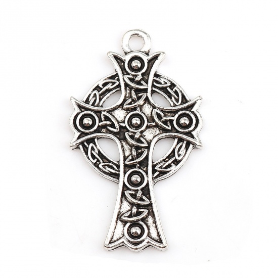 Picture of 10 PCs Zinc Based Alloy Religious Pendants Antique Silver Color Cross Celtic Knot 37mm x 22mm