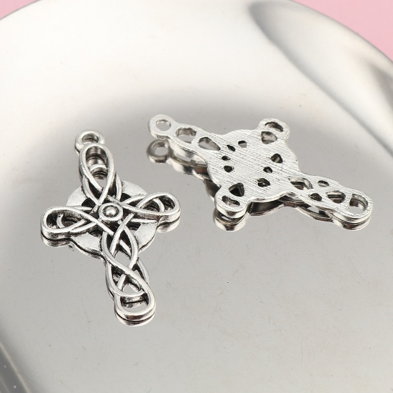 Picture of Zinc Based Alloy Celtic Knot Pendants Cross Antique Silver Color Round 41mm(1 5/8") x 23mm( 7/8"), 20 PCs