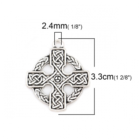 Picture of Zinc Based Alloy Celtic Knot Pendants Round Antique Silver Color Cross 33mm(1 2/8") x 29mm(1 1/8"), 10 PCs