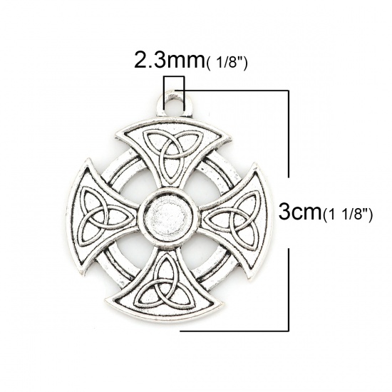 Picture of Zinc Based Alloy Celtic Knot Cabochon Settings Pendants Round Antique Silver Color Cross (Fits 6mm Dia.) 30mm x 27mm, 10 PCs