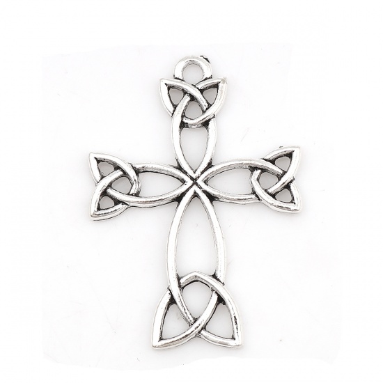 Picture of Zinc Based Alloy Celtic Knot Pendants Cross Antique Silver Flower Leaves 38mm(1 4/8") x 28mm(1 1/8"), 20 PCs