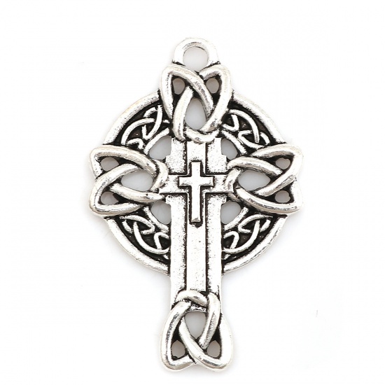 Bild von Zinklegierung Keltischer Knoten Anhänger Kreuz Antiksilber 37mm x 24mm, 10 Stück