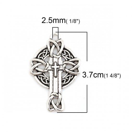 Picture of Zinc Based Alloy Celtic Knot Pendants Cross Antique Silver Color 37mm(1 4/8") x 24mm(1"), 10 PCs