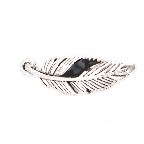 Picture of Zinc Based Alloy Charms Feather Antique Silver Black Enamel 23mm( 7/8") x 7mm( 2/8"), 20 PCs