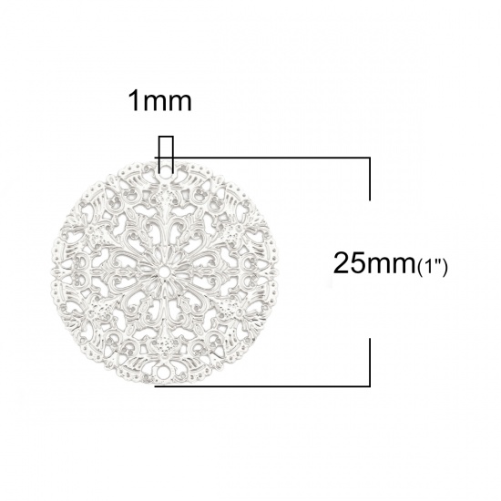 Picture of Iron Based Alloy Filigree Stamping Connectors Round Silver Tone 25mm Dia, 10 PCs
