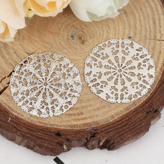 Picture of Iron Based Alloy Filigree Stamping Connectors Round Silver Tone 25mm Dia, 10 PCs