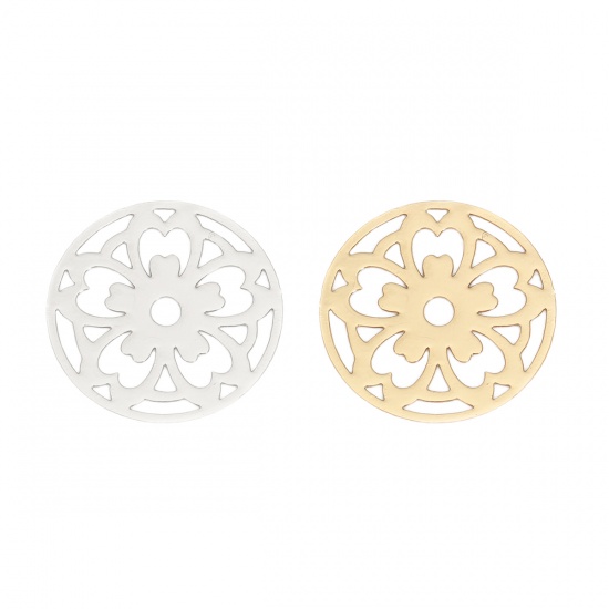 Picture of Iron Based Alloy Filigree Stamping Connectors Round Silver Tone Flower 22mm Dia, 10 PCs