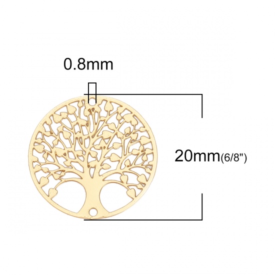 合金 透かしパーツ コネクターパーツ 円形 金メッキ 生命の樹柄 20mm直径、 10 個 の画像