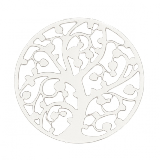 Immagine di Lega di Ferro Filigree Stamping Connettore Accessori Tondo Tono Argento Albero di Vita Disegno 22mm Dia, 10 Pz