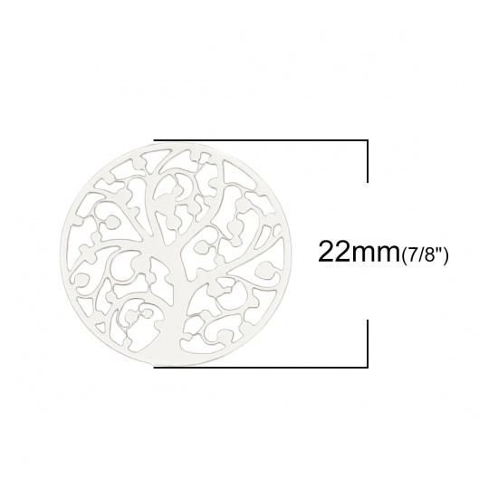 Immagine di Lega di Ferro Filigree Stamping Connettore Accessori Tondo Tono Argento Albero di Vita Disegno 22mm Dia, 10 Pz