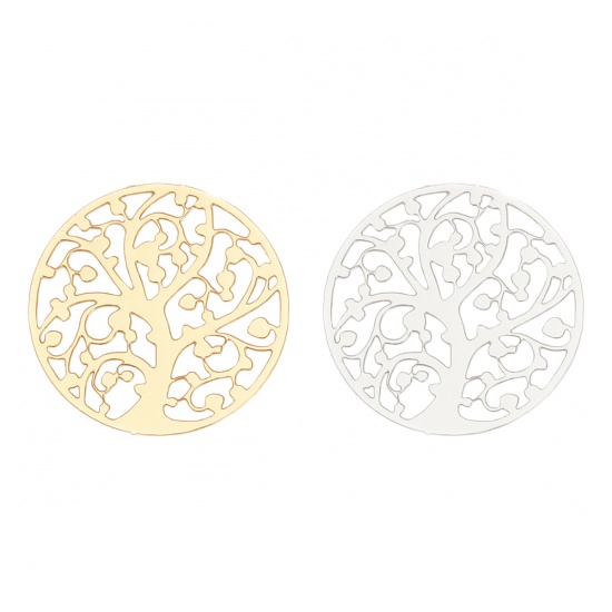 Immagine di Lega di Ferro Filigree Stamping Connettore Accessori Tondo Tono Argento Albero di Vita Disegno 22mm Dia, 10 Pz