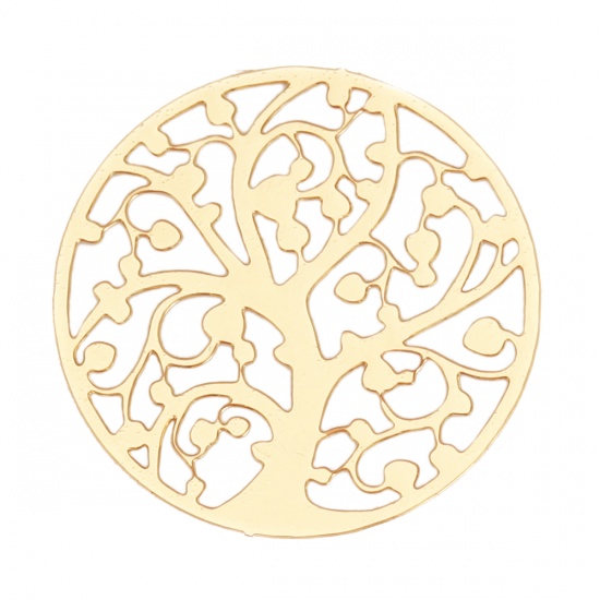 Immagine di Lega di Ferro Filigree Stamping Connettore Accessori Tondo Oro Placcato Albero di Vita Disegno 22mm Dia, 10 Pz