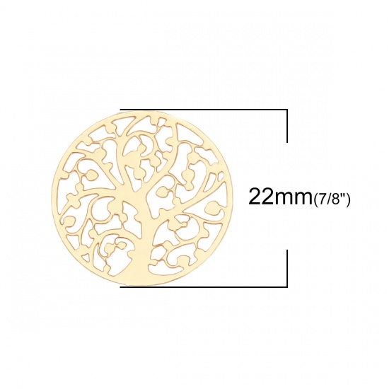 Immagine di Lega di Ferro Filigree Stamping Connettore Accessori Tondo Oro Placcato Albero di Vita Disegno 22mm Dia, 10 Pz