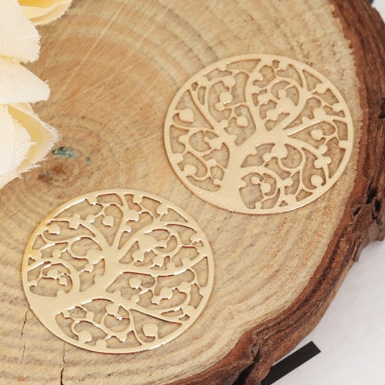 Immagine di Lega di Ferro Filigree Stamping Connettore Accessori Tondo Oro Placcato Albero di Vita Disegno 22mm Dia, 10 Pz