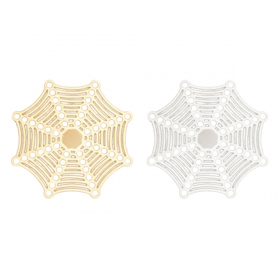 Picture of Iron Based Alloy Filigree Stamping Connectors Halloween Cobweb Gold Plated 32mm x 32mm, 10 PCs