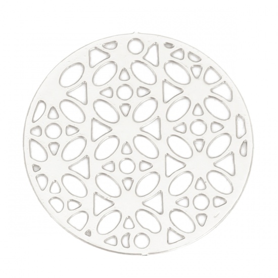 Immagine di Lega di Ferro Filigree Stamping Connettore Accessori Tondo Tono Argento Fiore Disegno 20mm Dia, 10 Pz