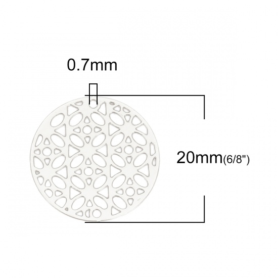 Immagine di Lega di Ferro Filigree Stamping Connettore Accessori Tondo Tono Argento Fiore Disegno 20mm Dia, 10 Pz