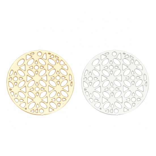 Immagine di Lega di Ferro Filigree Stamping Connettore Accessori Tondo Tono Argento Fiore Disegno 20mm Dia, 10 Pz