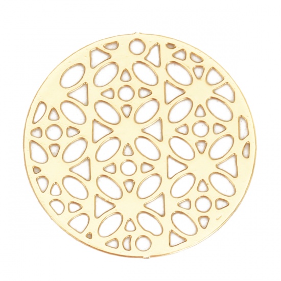 Immagine di Lega di Ferro Filigree Stamping Connettore Accessori Tondo Oro Placcato Fiore Disegno 20mm Dia, 10 Pz