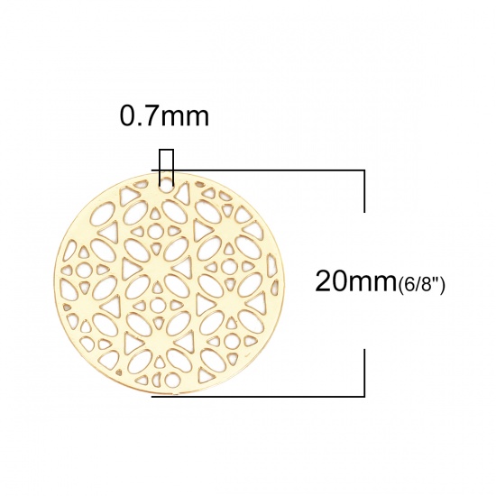 Immagine di Lega di Ferro Filigree Stamping Connettore Accessori Tondo Oro Placcato Fiore Disegno 20mm Dia, 10 Pz