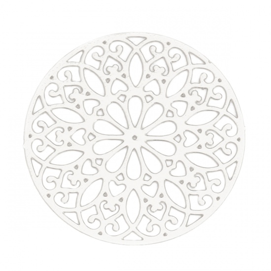 Bild von Messing Filigran Stempel Verzierung Verbinder Rund Silberfarbe Blumen 25mm D., 10 Stück                                                                                                                                                                       