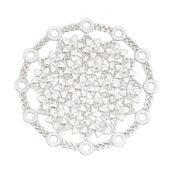 Bild von Eisenlegierung Filigran Stempel Verzierung Verbinder Rund Silberfarbe mit Blumen Muster 29mm D., 10 Stück