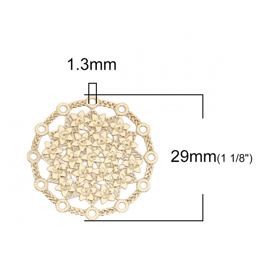 Immagine di Lega di Ferro Filigree Stamping Connettore Accessori Tondo Oro Placcato Fiore Disegno 29mm Dia, 10 Pz