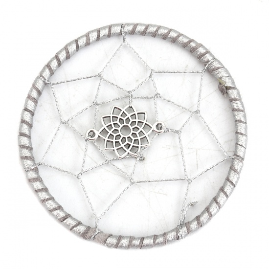 Picture of Zinc Based Alloy & Velvet Dream Catcher For DIY & Craft Silver Round Faux Suede 57mm(2 2/8") Dia., 2 PCs