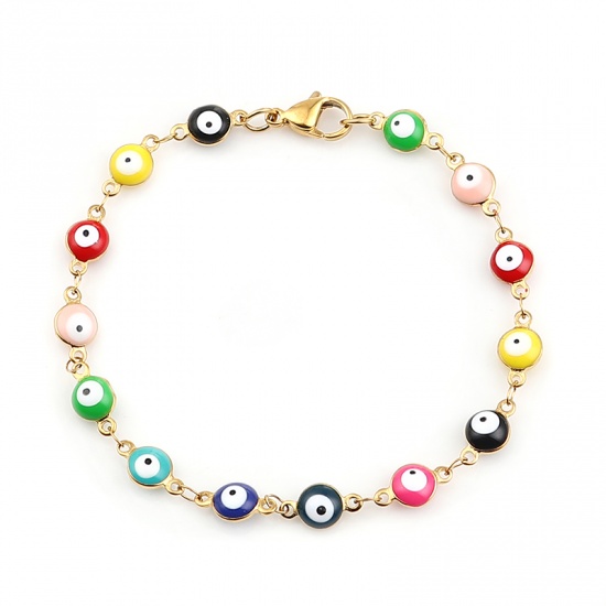 Picture of 304 Stainless Steel Bracelets Gold Plated Multicolor Evil Eye Enamel 19.2cm(7 4/8") long, 1 Piece