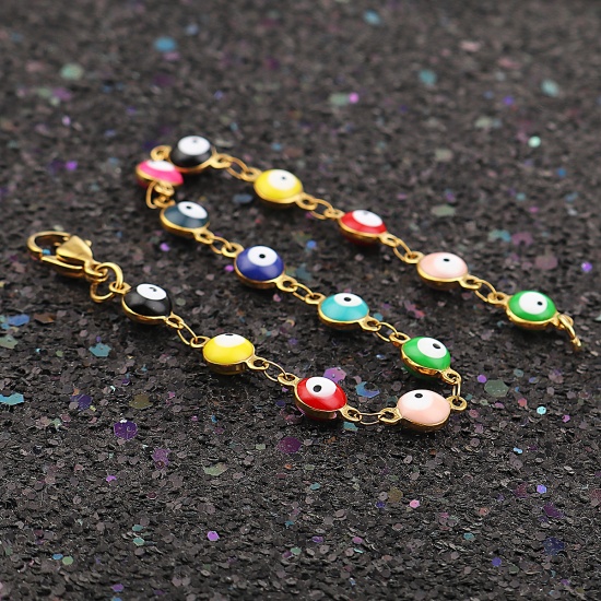 Picture of 304 Stainless Steel Bracelets Gold Plated Multicolor Evil Eye Enamel 19.2cm(7 4/8") long, 1 Piece