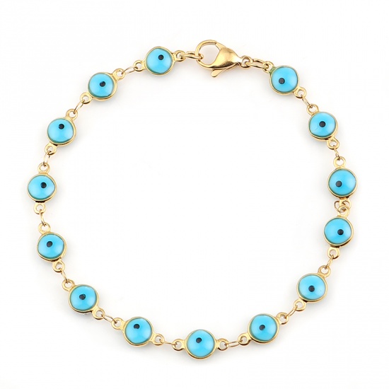 Image de Bracelets en 304 Acier Inoxydable Doré Bleu Ciel à Pois Émail 19.2cm long, 1 Pièce