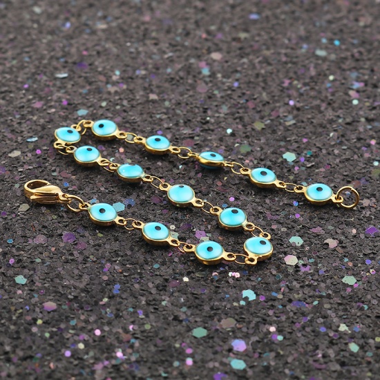 Picture of 304 Stainless Steel Bracelets Gold Plated Skyblue Dot Enamel 19.2cm(7 4/8") long, 1 Piece