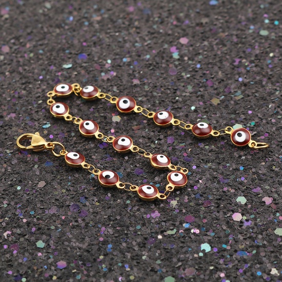 Picture of 304 Stainless Steel Bracelets Gold Plated Wine Red Evil Eye Enamel 19.2cm(7 4/8") long, 1 Piece