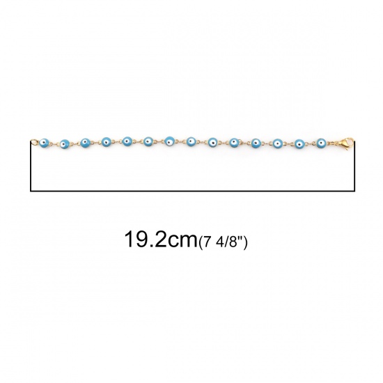 Picture of 304 Stainless Steel Bracelets Gold Plated Light Blue Evil Eye Enamel 19.2cm(7 4/8") long, 1 Piece