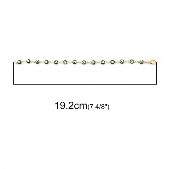 Picture of 304 Stainless Steel Bracelets Gold Plated Dark Green Evil Eye Enamel 19.2cm(7 4/8") long, 1 Piece