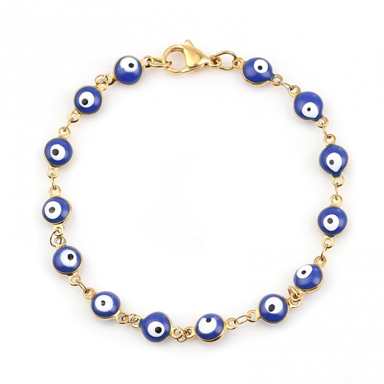 Image de Bracelets en 304 Acier Inoxydable Doré Bleu Foncé Mauvais Œil Émail 19.2cm long, 1 Pièce