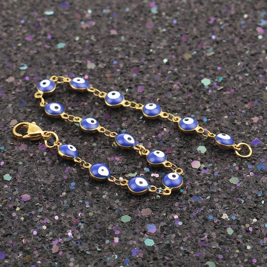 Picture of 304 Stainless Steel Bracelets Gold Plated Deep Blue Evil Eye Enamel 19.2cm(7 4/8") long, 1 Piece