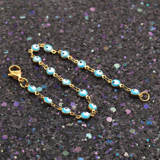 Picture of 304 Stainless Steel Bracelets Gold Plated Skyblue Evil Eye Enamel 18.7cm(7 3/8") long, 1 Piece