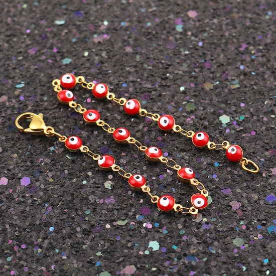 Picture of 304 Stainless Steel Bracelets Gold Plated Red Evil Eye Enamel 18.7cm(7 3/8") long, 1 Piece