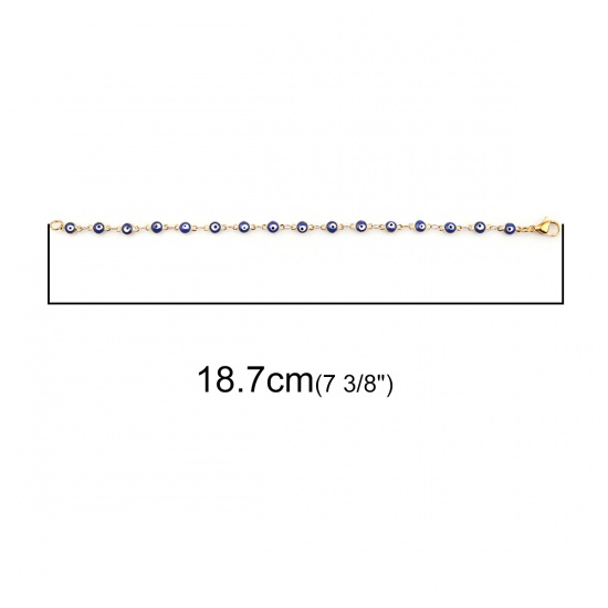 Picture of 304 Stainless Steel Bracelets Gold Plated Deep Blue Evil Eye Enamel 18.7cm(7 3/8") long, 1 Piece