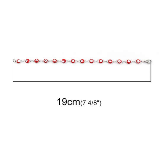 Picture of 304 Stainless Steel Bracelets Silver Tone Red Evil Eye Enamel 19cm(7 4/8") long, 1 Piece