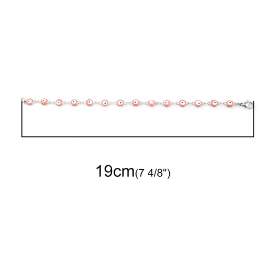 Picture of 304 Stainless Steel Bracelets Silver Tone Peach Pink Evil Eye Enamel 19cm(7 4/8") long, 1 Piece
