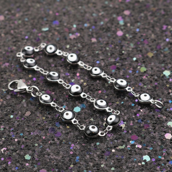 Picture of 304 Stainless Steel Bracelets Silver Tone Black Evil Eye Enamel 19cm(7 4/8") long, 1 Piece