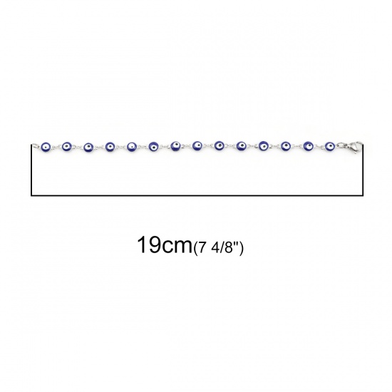 Picture of 304 Stainless Steel Bracelets Silver Tone Deep Blue Evil Eye Enamel 19cm(7 4/8") long, 1 Piece