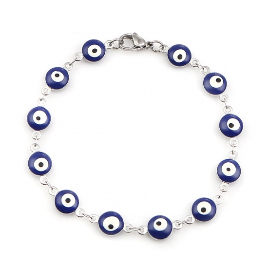 Picture of 304 Stainless Steel Bracelets Silver Tone Deep Blue Evil Eye Enamel 20.3cm(8") long, 1 Piece