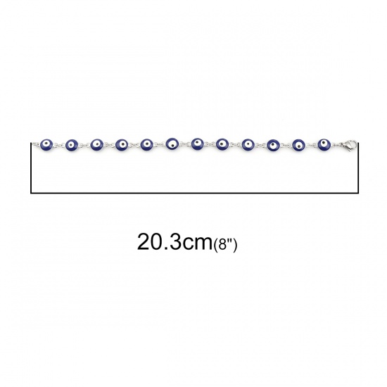 Picture of 304 Stainless Steel Bracelets Silver Tone Deep Blue Evil Eye Enamel 20.3cm(8") long, 1 Piece