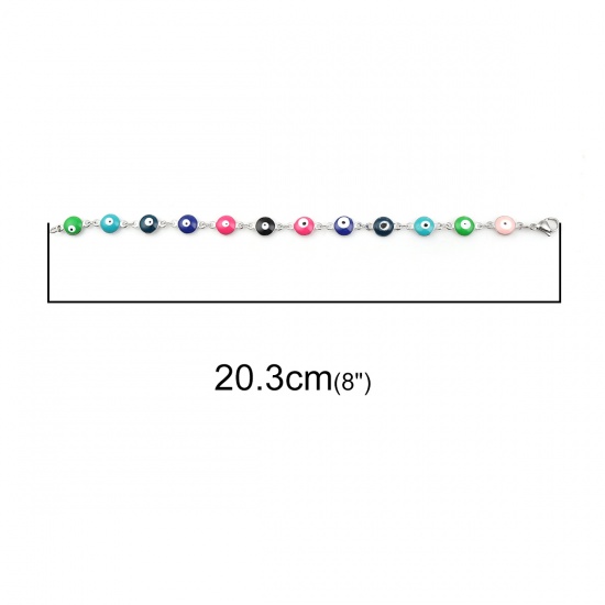 Picture of 304 Stainless Steel Bracelets Silver Tone Multicolor Evil Eye Enamel 20.3cm(8") long, 1 Piece