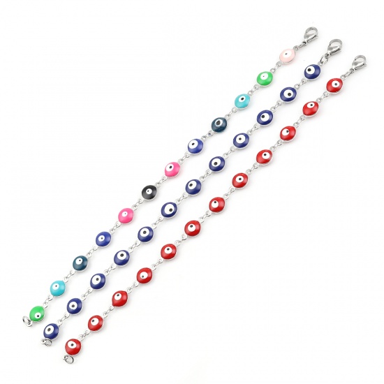 Picture of 304 Stainless Steel Bracelets Silver Tone Multicolor Evil Eye Enamel 20.3cm(8") long, 1 Piece